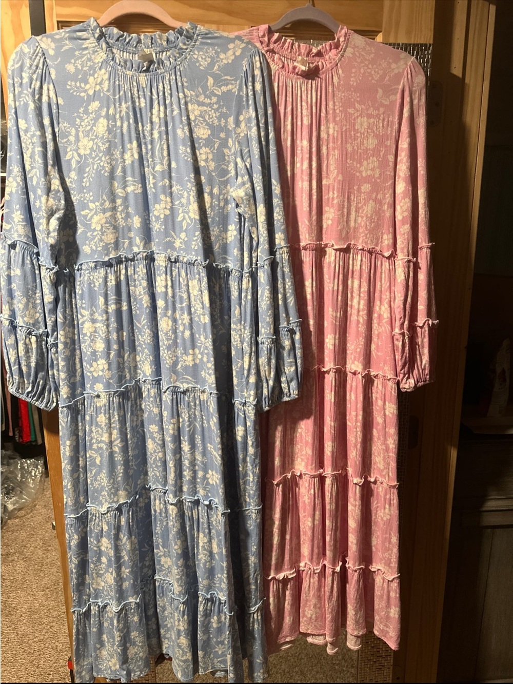 Celeste Light Blue and Dusty Pink Floral Tiered Midi Dresses